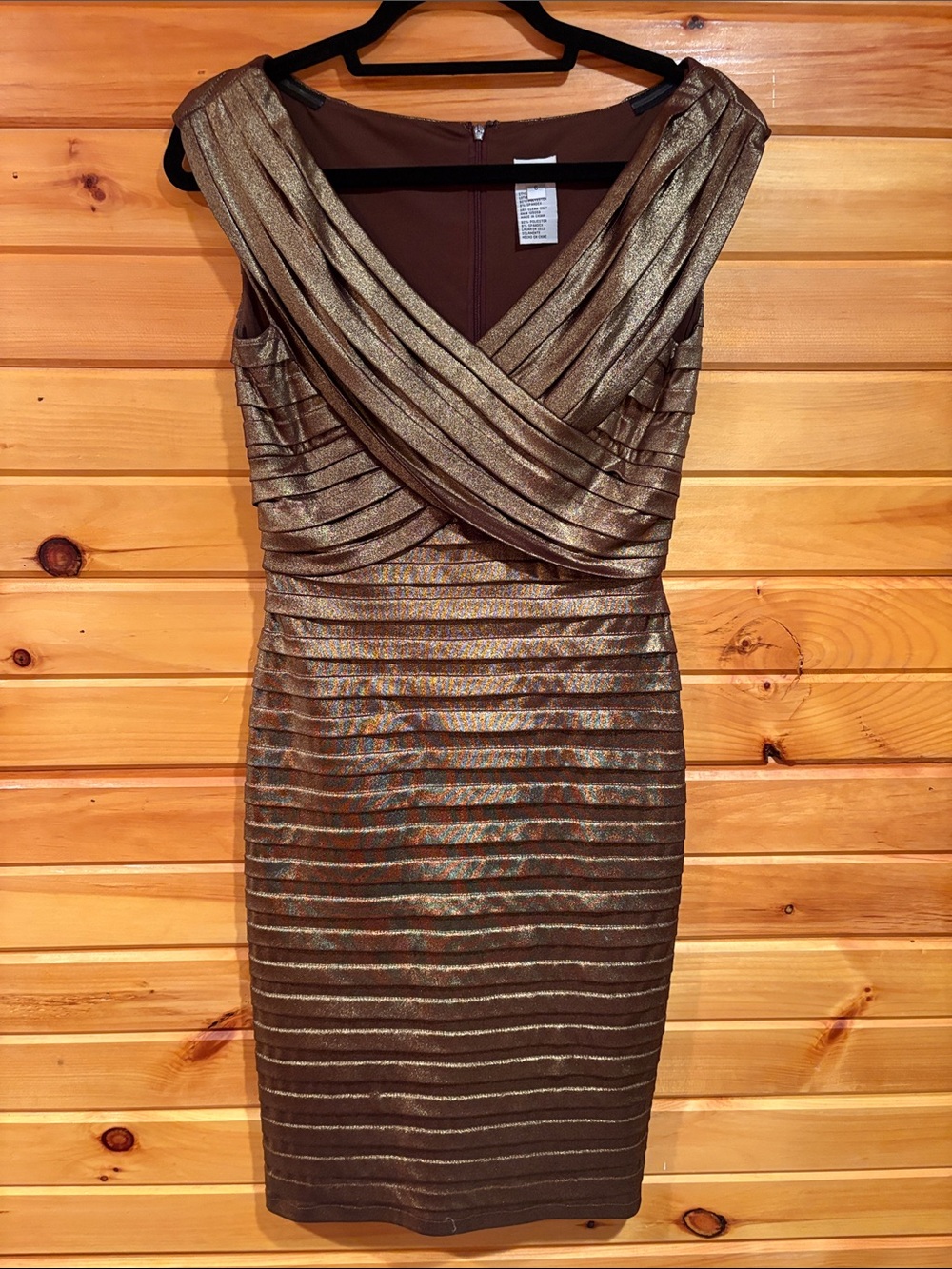 Cache Metallic Bronze Draped V-Neck Midi Dress